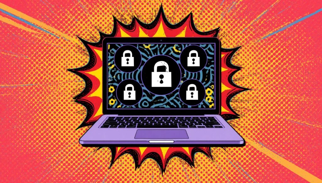 Is my laptop hacked? Padlock security illustration showing suspicious laptop activity warning signs.