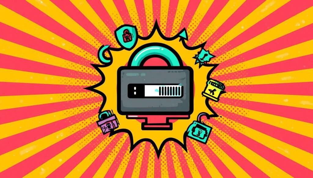 Proton Pass: 9 Privacy Wins That Matter 5 Proton Pass password manager pop art monitor and lock cybersecurity illustration.