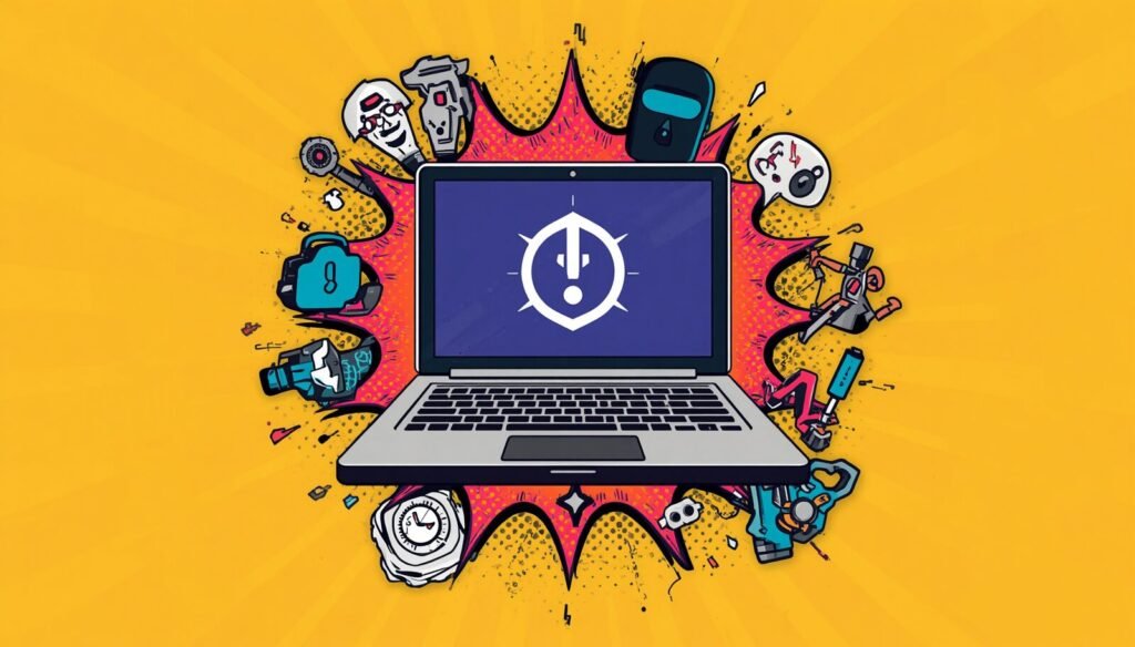 Laptop hacked warning sign on screen with shield alert and suspicious activity icons.