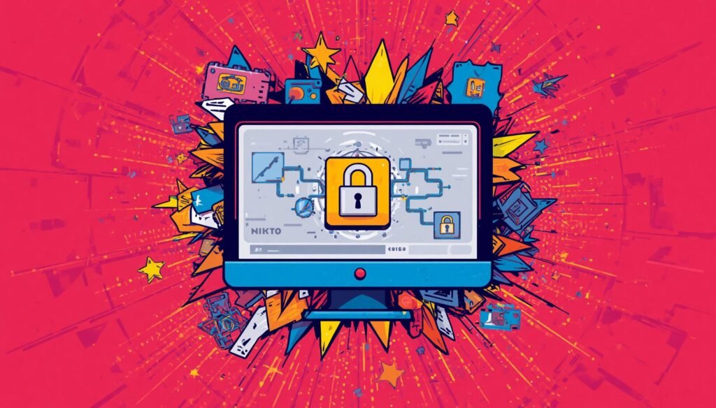 Nikto web scanner cybersecurity illustration with padlock on monitor and digital security dashboard.