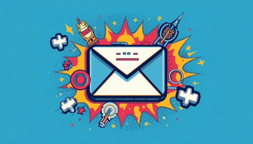 Pop-art Proton Mail private encrypted email envelope illustration with security, search, and notification icons.