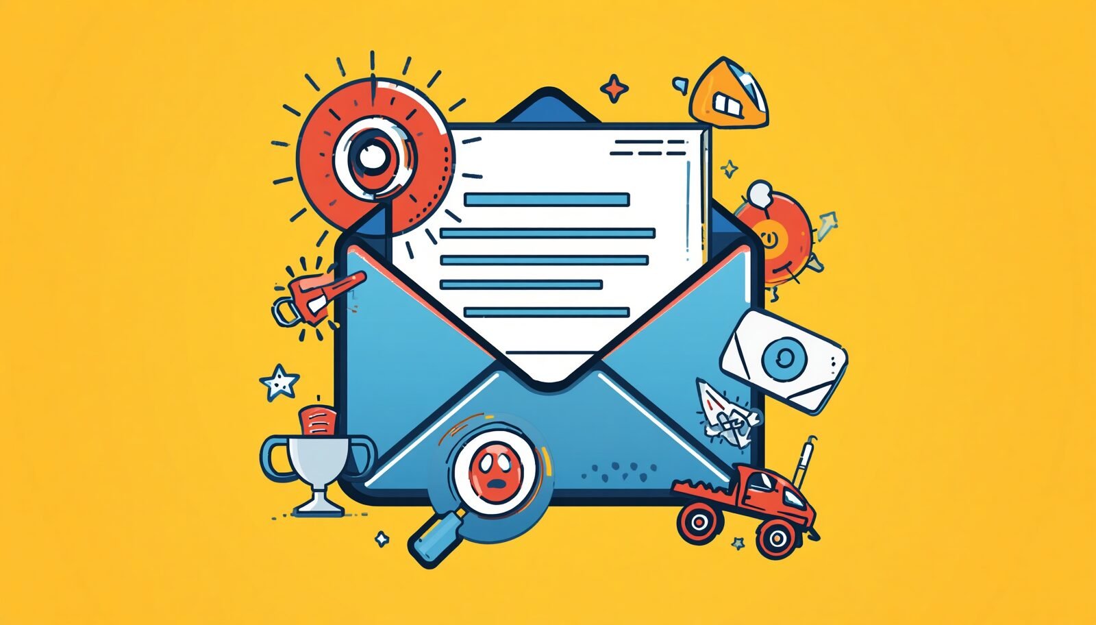 Proton Mail encrypted email notification illustration with envelope, alerts, and inbox privacy tools.