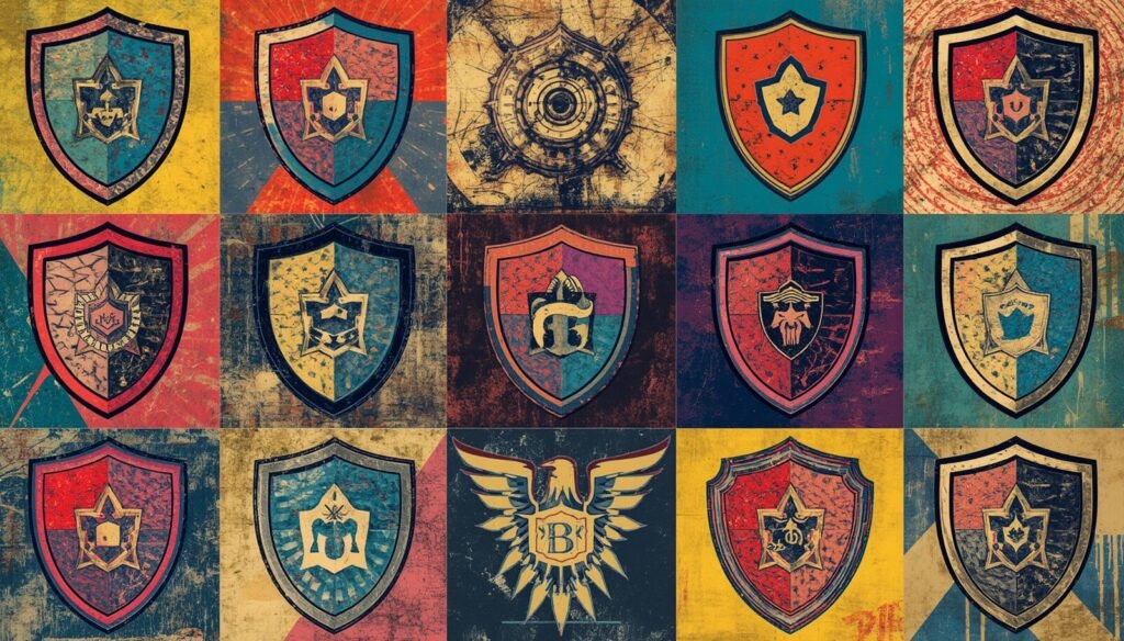 Fantasy heraldic shields grid collage, Proton Pass for business password manager for teams.