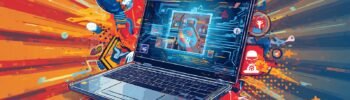 Hacked laptop warning signs on a futuristic computer with suspicious digital activity.