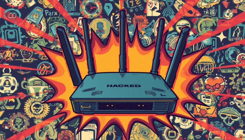 Hacked Wi-Fi router illustration showing a compromised home router under cyberattack.