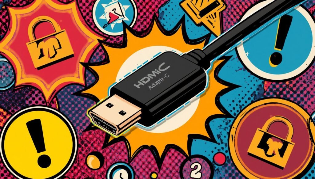 USB C to HDMI Adapter: 7 Smart Checks Before You Buy 3 USB-C to HDMI adapter with warning and security icons in colorful pop art style.