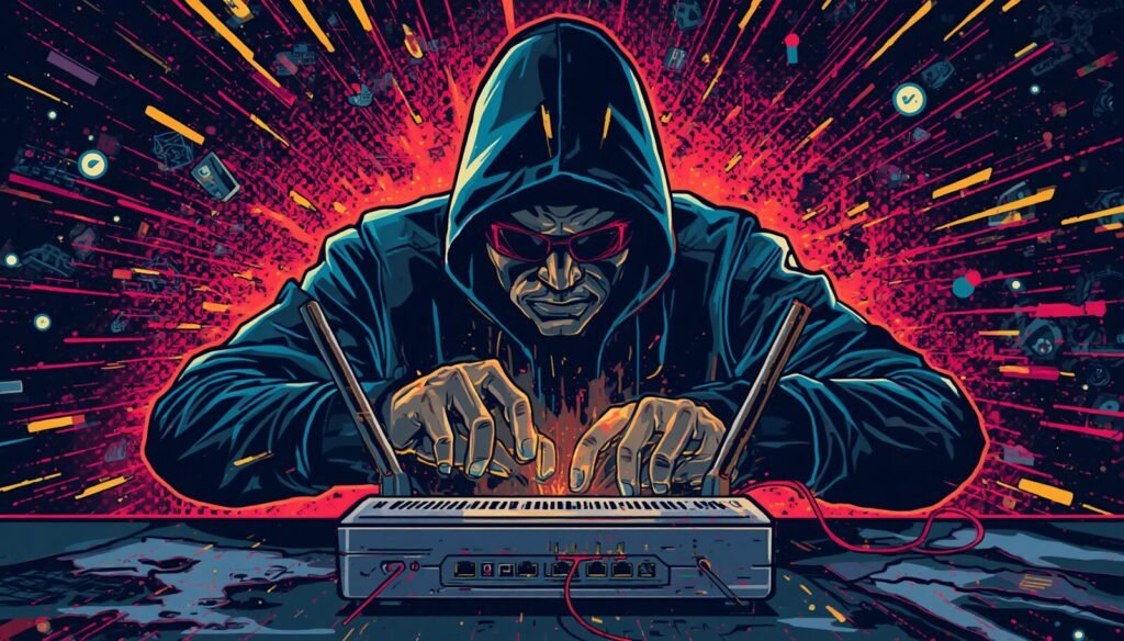 Hooded hacker over WiFi router, showing signs of a hacked or compromised home router.