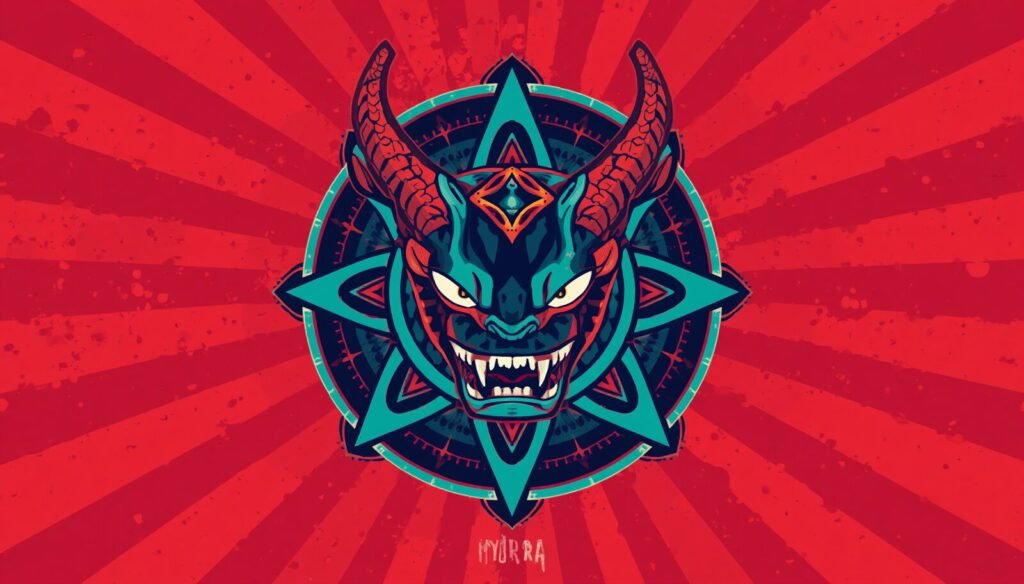 Hydra tool emblem poster with horned monster, inspired by Kali Linux THC Hydra password testing.