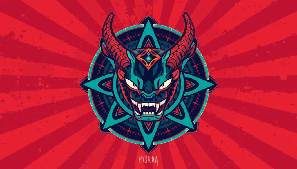 Hydra tool emblem poster with horned monster, inspired by Kali Linux THC Hydra password testing.