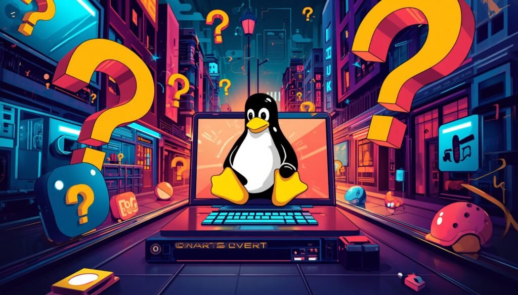 Install Linux from USB in a cyberpunk city, Tux on a glowing laptop screen.