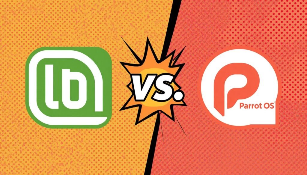 Linux Mint vs Parrot OS comparison poster with logos and comic-style VS graphic.