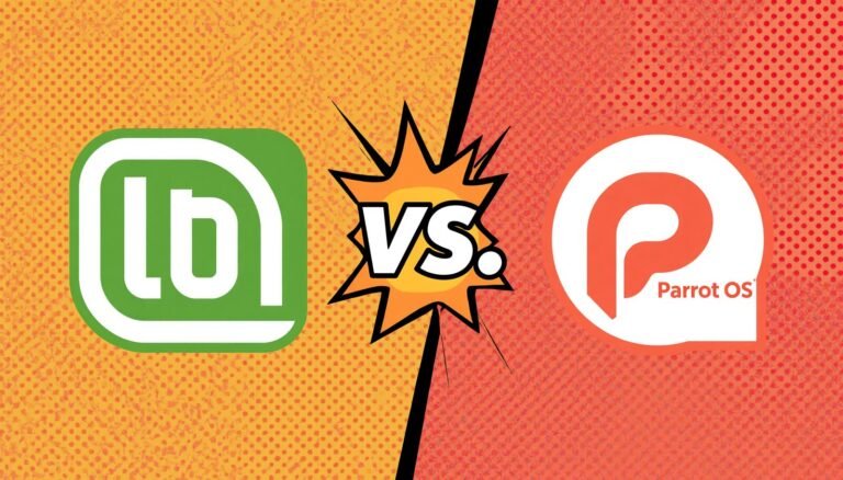 Linux Mint vs Parrot OS comparison poster with logos and comic-style VS graphic.