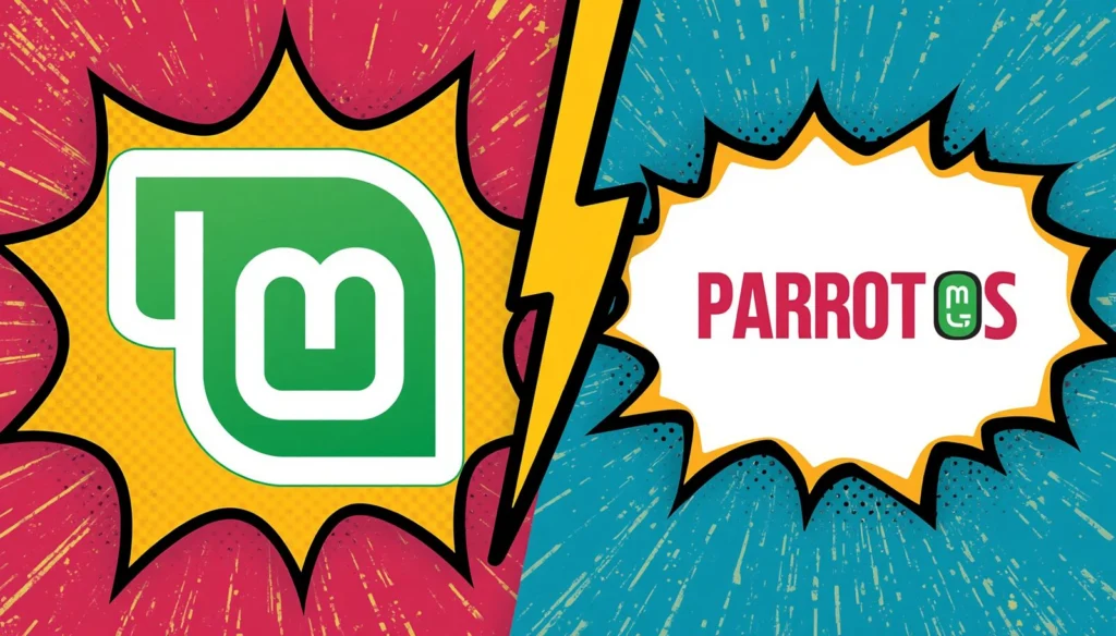 Linux Mint vs Parrot OS: Which Linux Distro Should You Use? 2 Linux Mint vs Parrot OS comic-style Linux distro comparison graphic.
