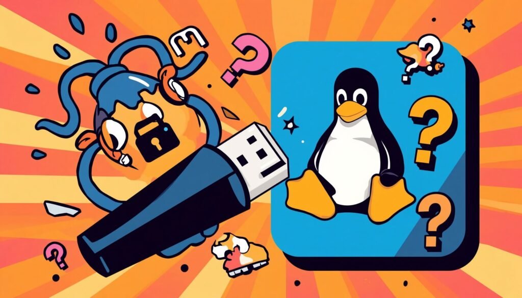 Install Linux from USB troubleshooting illustration with Tux penguin and confused flash drive.