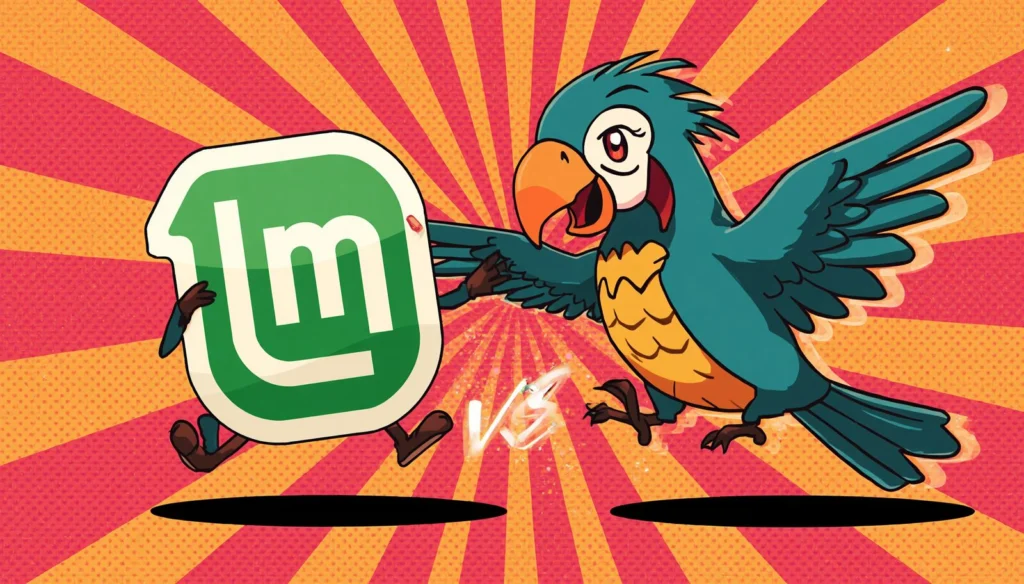 Linux Mint vs Parrot OS: Which Linux Distro Should You Use? 3 Linux Mint vs Parrot OS comic showdown in a colorful Linux distro comparison.