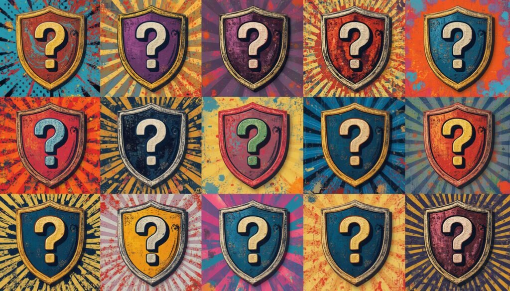 Pop-art mystery shield grid for Proton Pass business password manager teams review and plans.