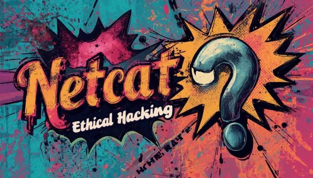 Netcat command in Linux ethical hacking poster with question mark and comic-style burst.
