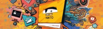 Nikto web server scanner illustration with cybersecurity monitor, alerts, and hacking-themed devices.