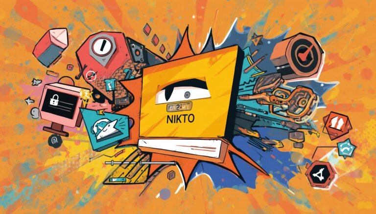 Nikto web server scanner illustration with cybersecurity monitor, alerts, and hacking-themed devices.