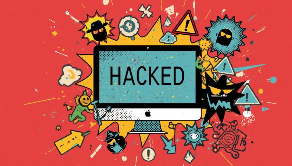 Hacked Mac computer pop art illustration with warning signs and masked hackers.