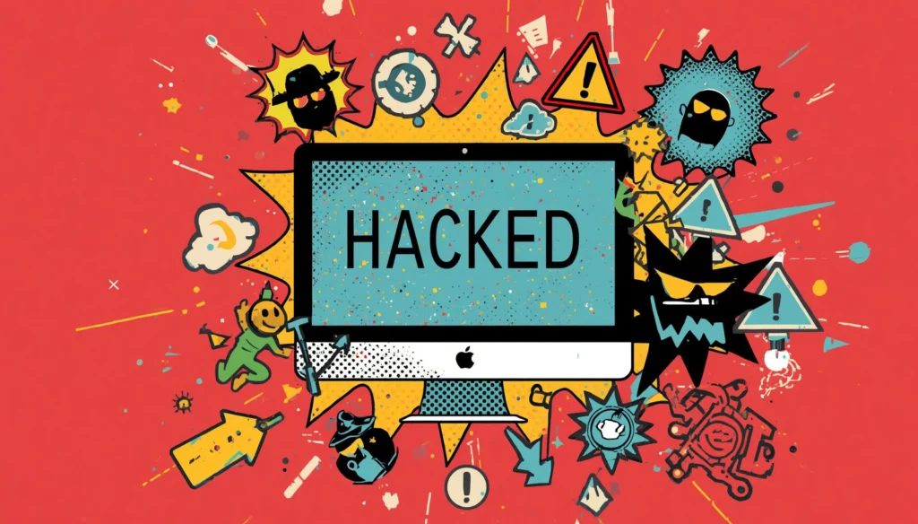 Hacked Mac computer pop art illustration with warning signs and masked hackers.