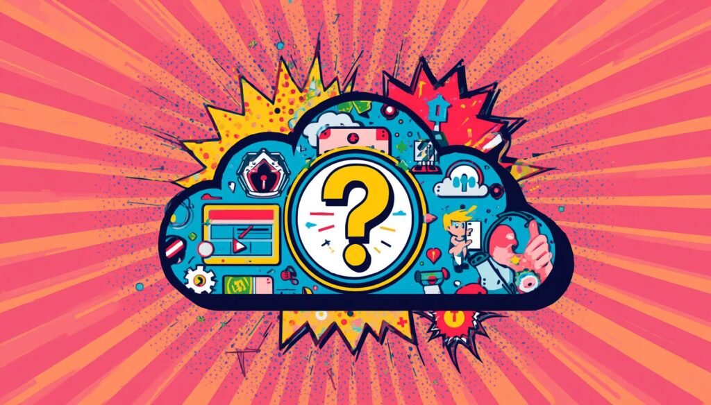 Proton Drive for Business Review: Is It Smart for Secure Teams? 5 Pop-art cloud question mark illustrating Proton Drive for Business review, pros and cons.