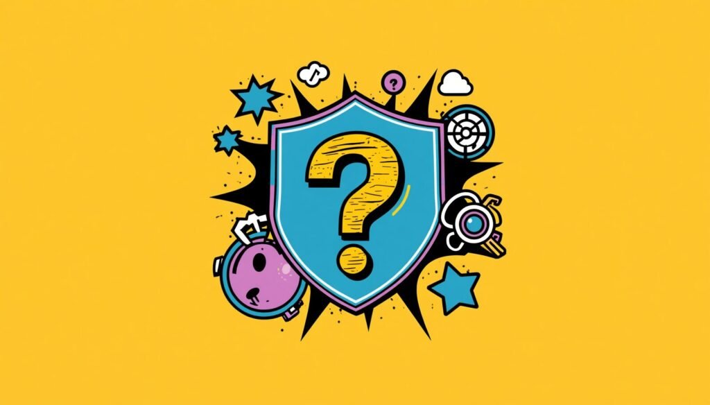 Proton VPN privacy features illustrated with question mark shield, keys, timer, and security icons.