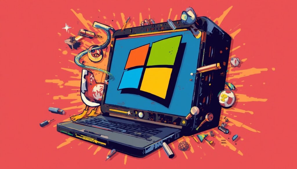 Retro Windows VM on Linux illustration with chaotic computer, virtual machine setup for Windows apps.