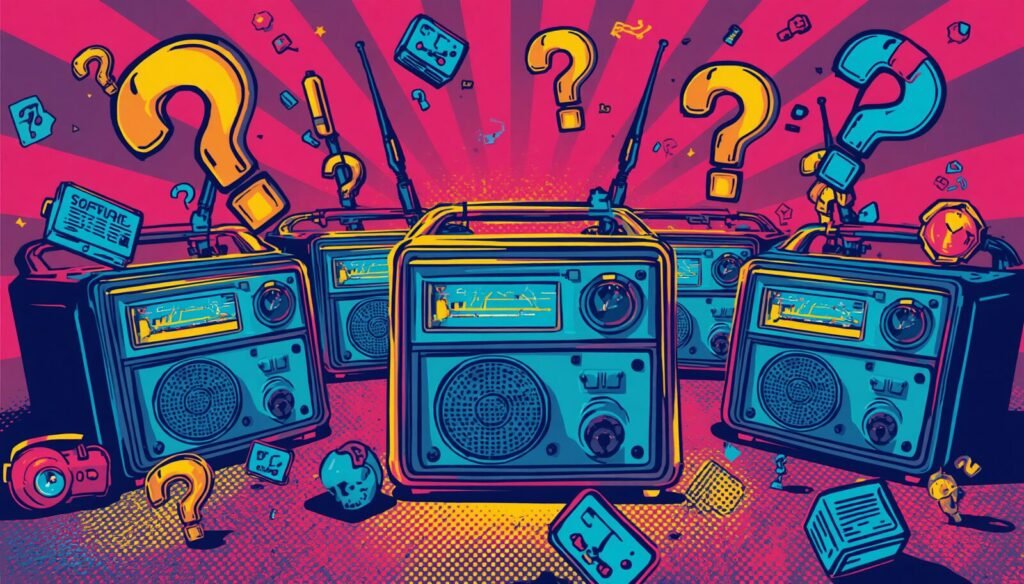 Pop-art retro radios with question marks illustrating software defined radio vs traditional radio.