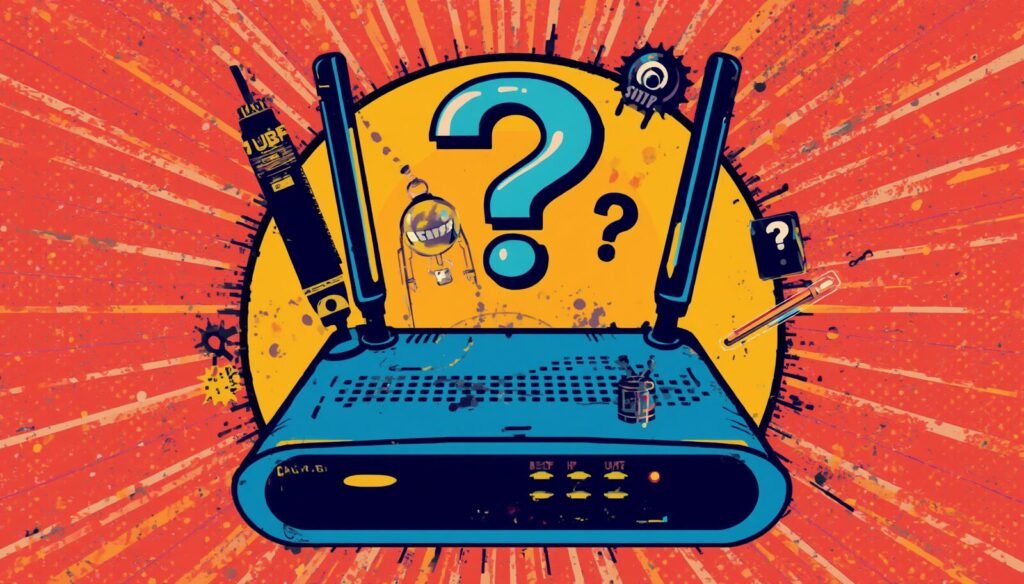 Illustration of a hacked WiFi router with question marks, showing router compromised troubleshooting.