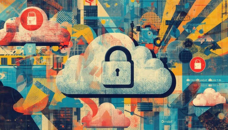 Proton Drive for Business cloud security illustration with lock and networked cloud icons.