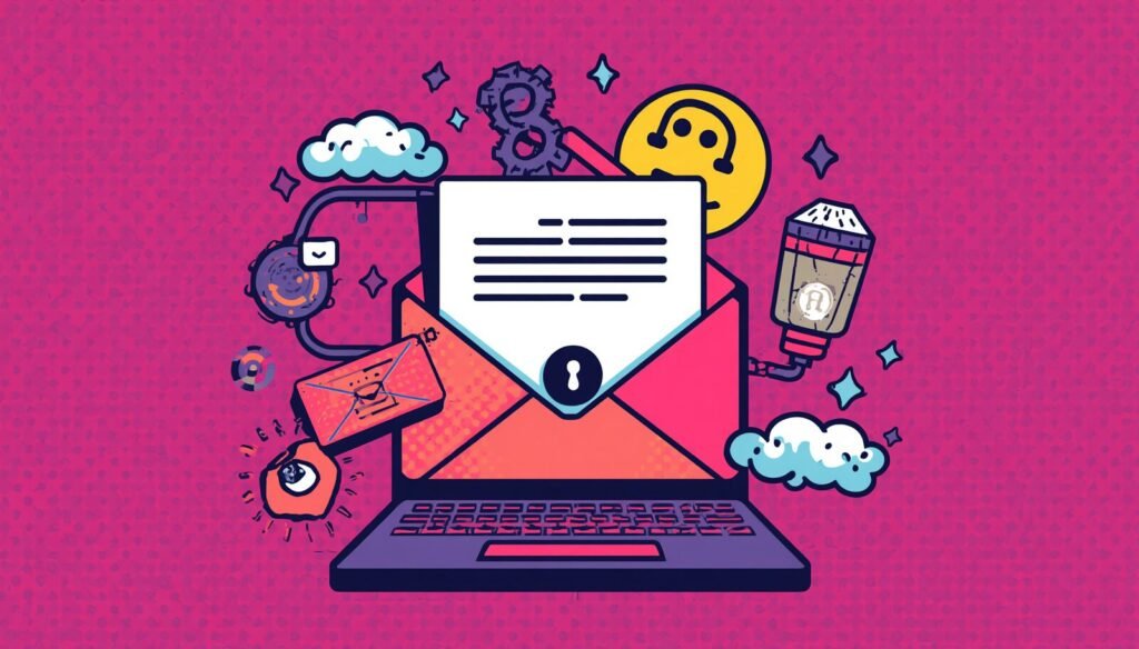 Proton Mail encrypted email privacy illustration with secure inbox, surveillance icons, and cloud security.