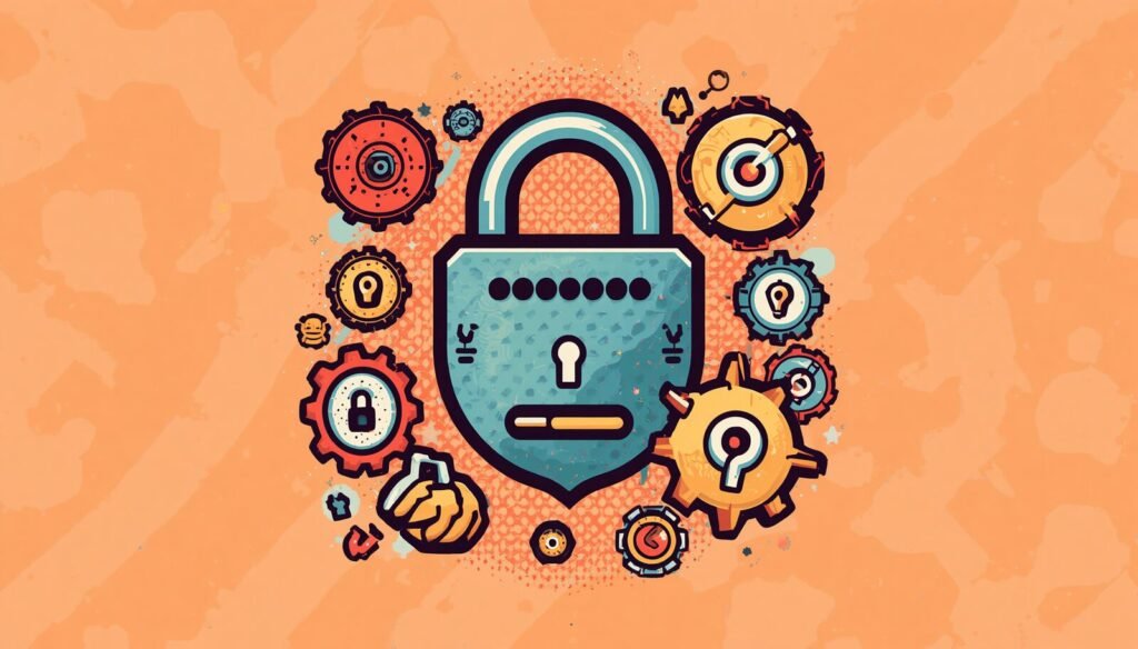 Proton Pass password manager illustration with secure padlock and gears for passkeys, aliases, and 2FA.