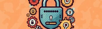 Proton Pass password manager illustration with secure padlock and gears for passkeys, aliases, and 2FA.