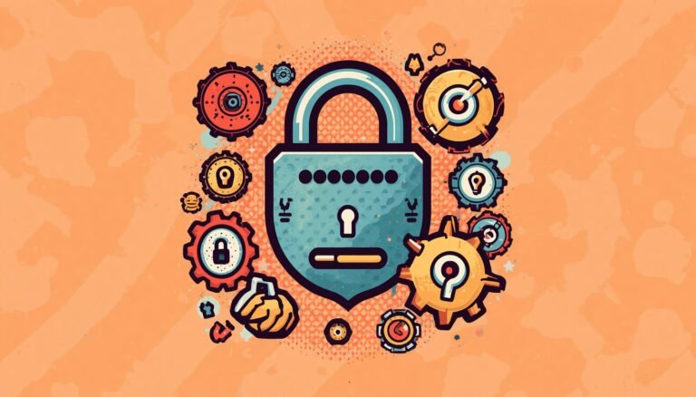 Proton Pass password manager illustration with secure padlock and gears for passkeys, aliases, and 2FA.