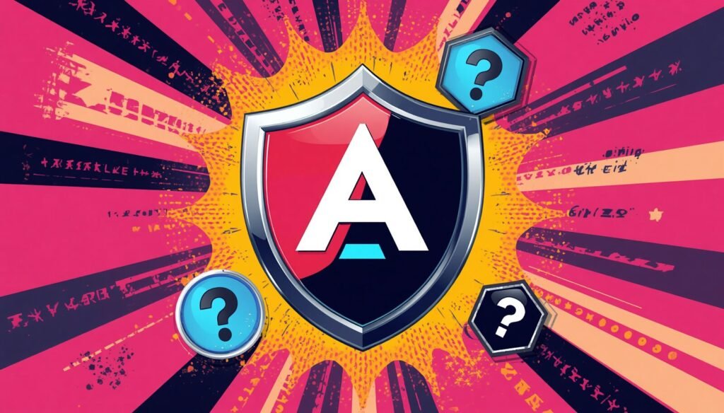 AdGuard DNS Tested: Powerful Protection With Real Limits 4 AdGuard DNS shield emblem with mystery icons and comic burst, safe private DNS review.
