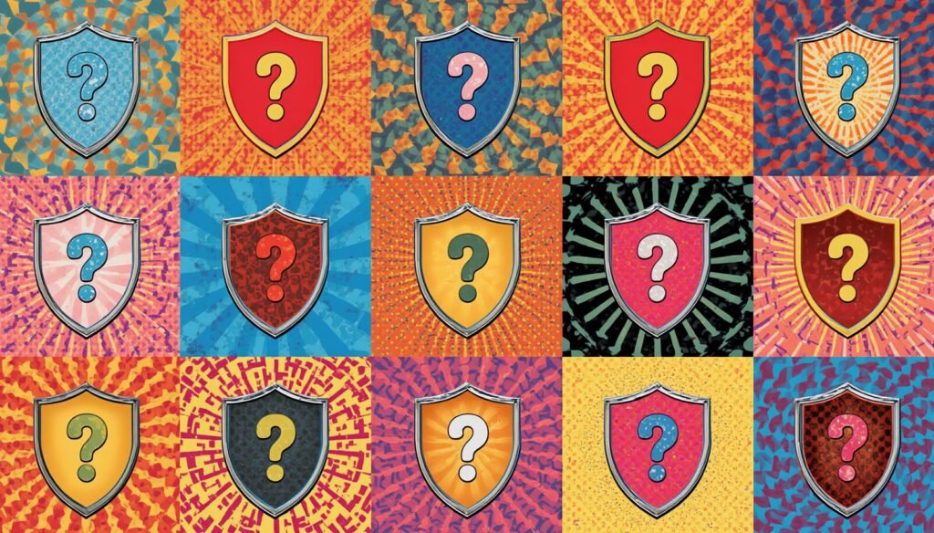 Proton VPN for Business Explained for Small Teams 5 Pop-art grid of question-mark shields for Proton VPN business and secure remote work.