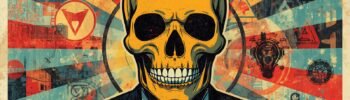 Skull in suit propaganda poster for Metasploitable 2 ethical hacking lab tutorial.