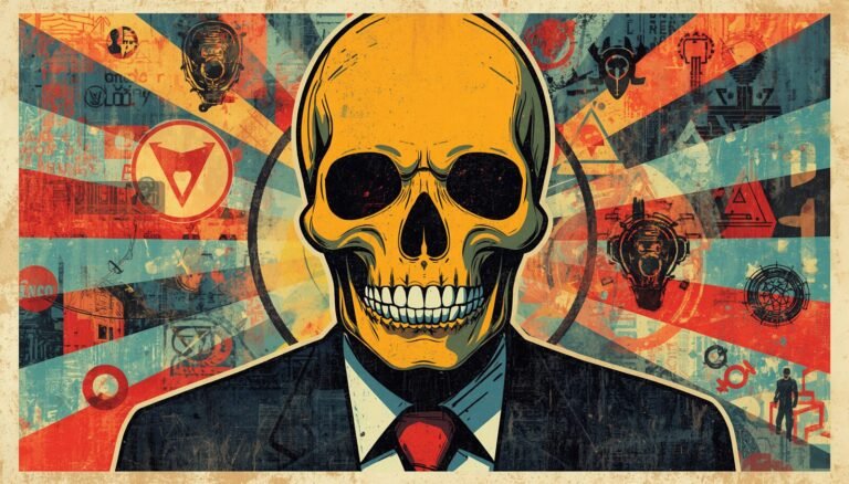 Skull in suit propaganda poster for Metasploitable 2 ethical hacking lab tutorial.