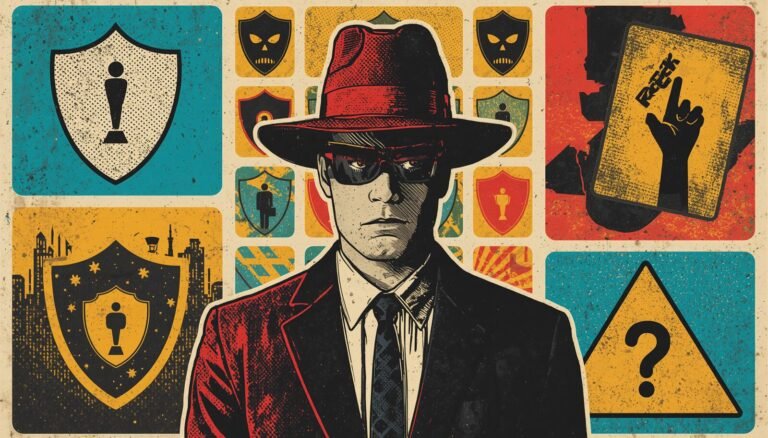 Spy security poster asks what VPN do hackers use, with identity shields and warning alerts.