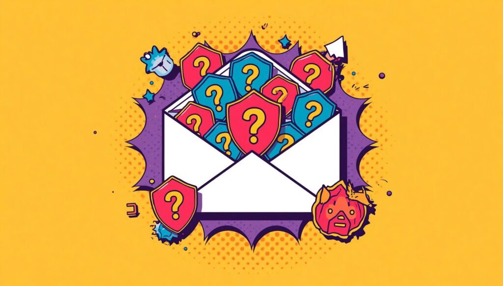 Proton Mail encrypted email security alert with suspicious messages and question-mark shields.
