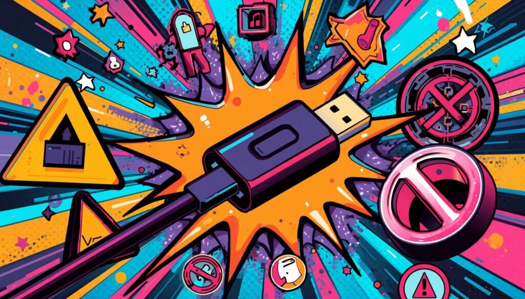 USB C to HDMI Adapter: 7 Smart Checks Before You Buy 2 Pop-art USB C to HDMI adapter warning illustration with blocked cable and hazard symbols.