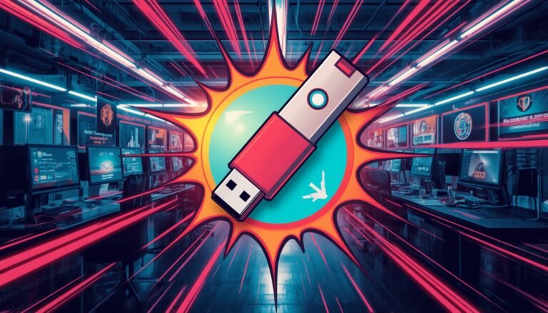 Install Linux from USB flash drive in a cybersecurity lab with monitors and glowing burst.