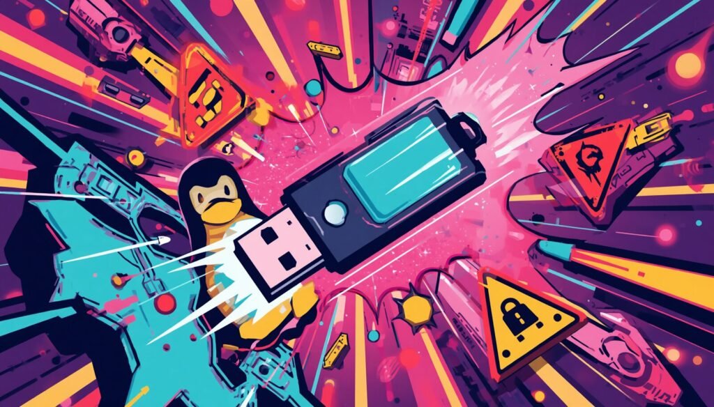 Install Linux from USB stick with cybersecurity warning illustration and Linux mascot.