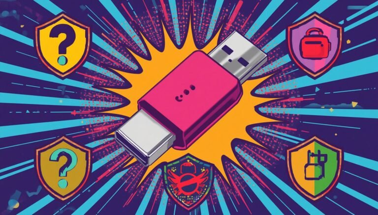 USB C to HDMI Adapter: 7 Smart Checks Before You Buy 7 USB security risks illustration with flash drive, cyberthreat shields, and USB-C to HDMI adapter theme.