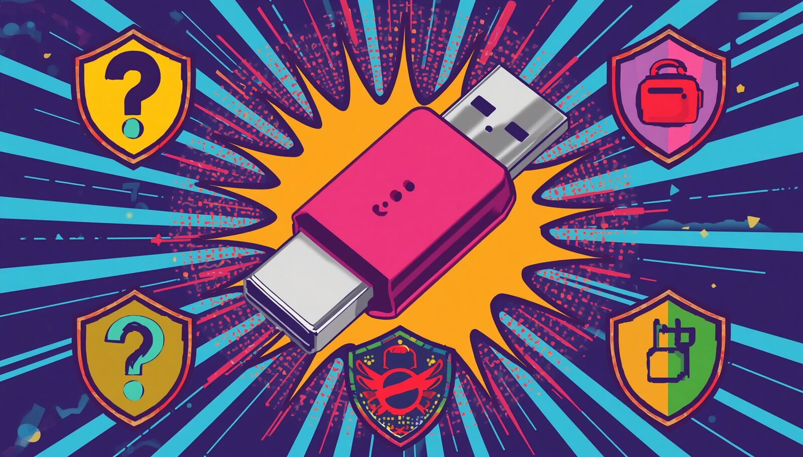 USB C to HDMI Adapter: 7 Smart Checks Before You Buy 1 USB security risks illustration with flash drive, cyberthreat shields, and USB-C to HDMI adapter theme.