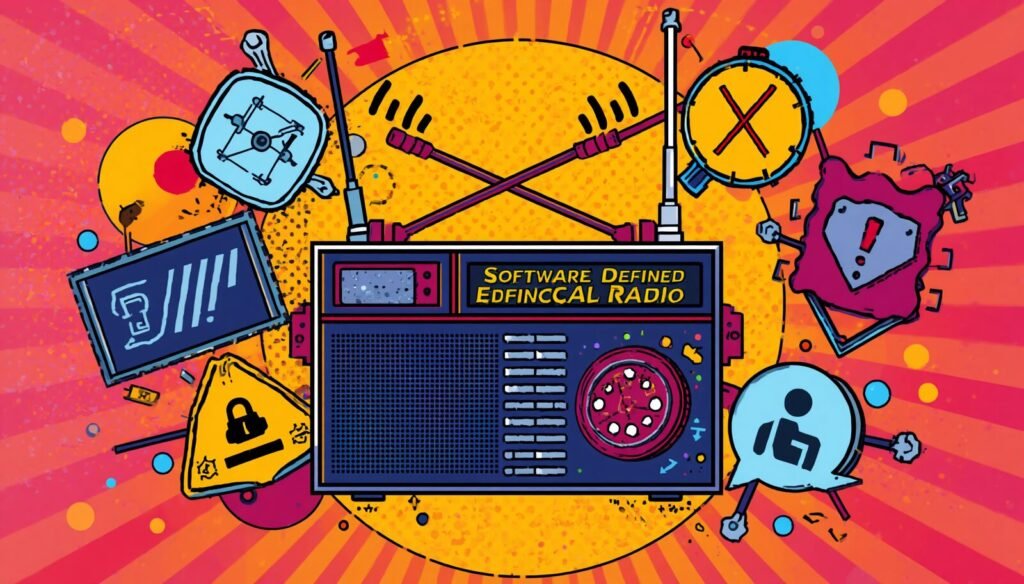 Software defined radio on Linux with cyber alerts and vibrant sunburst illustration.