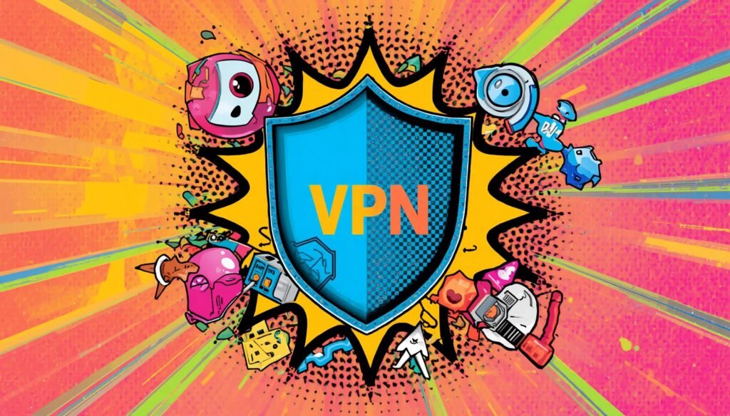 Proton business VPN shield in pop-art style for secure remote work teams.