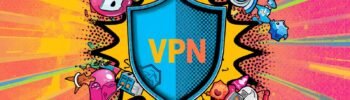 Proton business VPN shield in pop-art style for secure remote work teams.