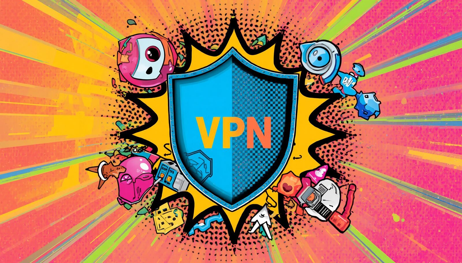 Proton VPN for Business Explained for Small Teams 1 Proton business VPN shield in pop-art style for secure remote work teams.